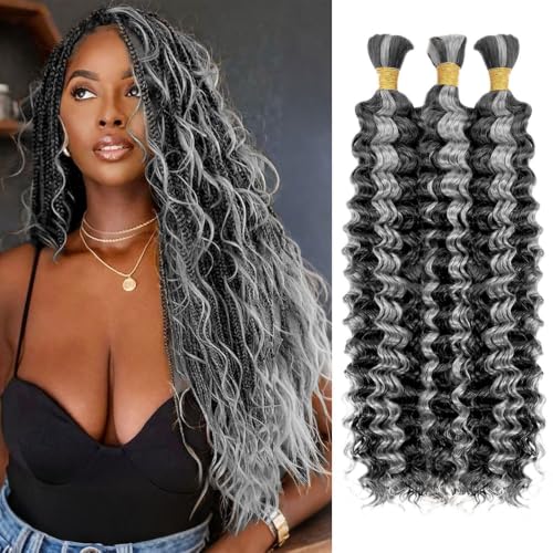 Fridnae Human Braiding Hair P1Bgrey Deep Wave Bulk For Boho Braids 20 Inch