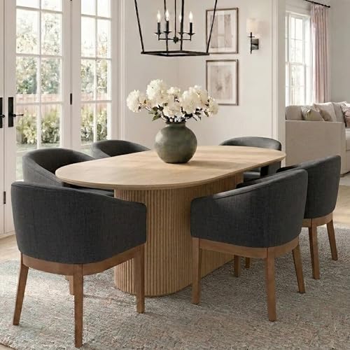 Image of HNY Barrel Dining Chairs Set of 6, Mid Century Modern Upholstered Dining Chairs with Arms, Linen Kitchen & Dining Room Chairs, Solid Wood Frame Accent Chairs for Kitchen, Apartment, Charcoal Black