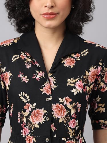 Image of Latin Quarters Women Black V-Neck Half Sleeves Printed Knee Length Shirt Dress for Casual Wear