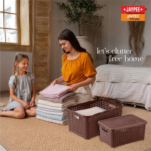 Image of Jaypee Plus Keep all 3 Plastic Storage Basket Organizers With Lid For Kitchen,Fridge, Office Wardrobe, Stationery, Household, Toys & Multipurpose use Pack of 3 Durable Box, Brown