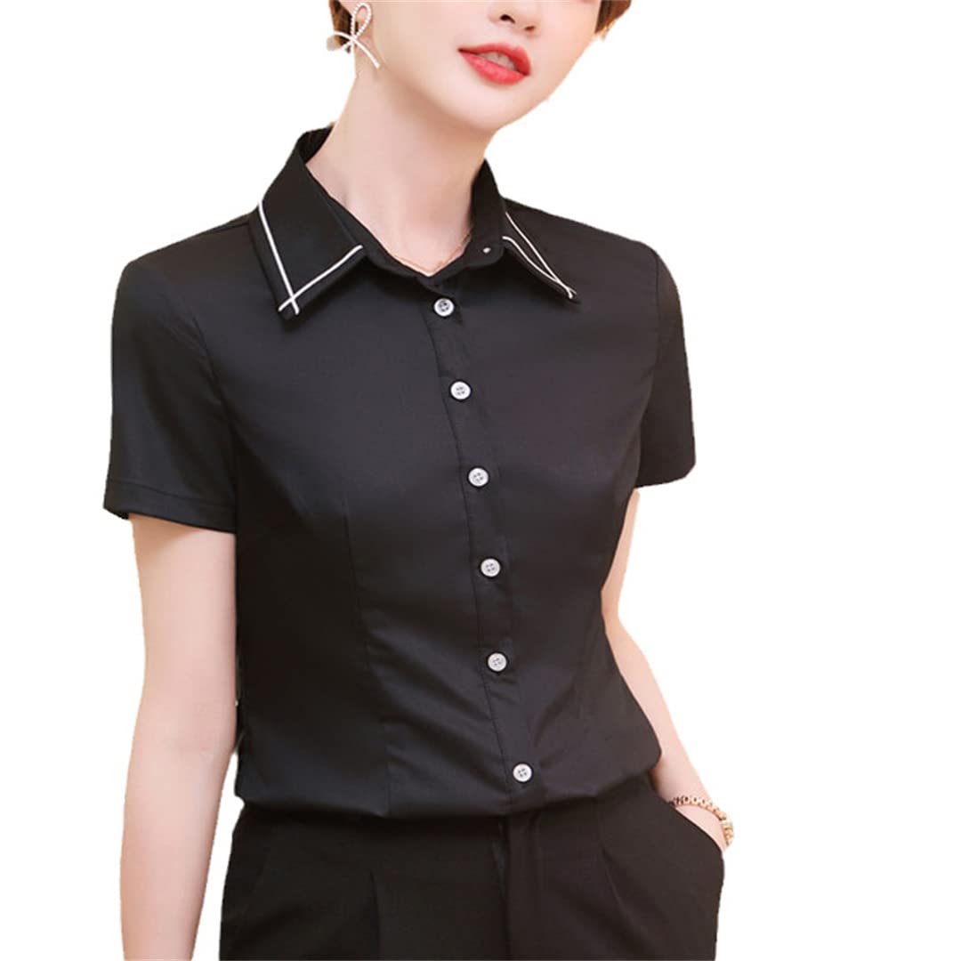 Camisa con Botones para Mujer, Blusa de Negocios con Cuello en V de Manga Corta para el Verano, Tops Formales Ajustados Black L