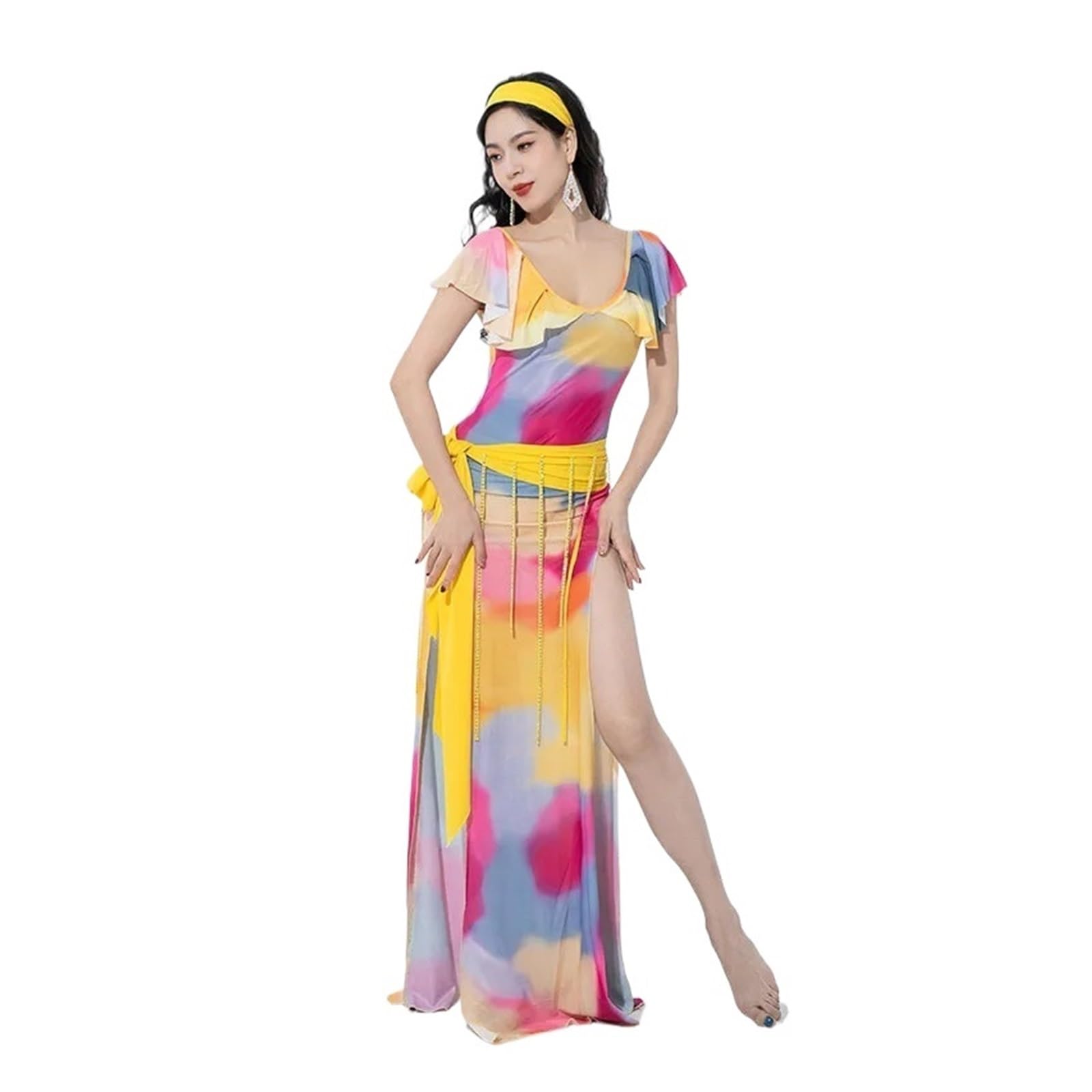 Set di Abiti Shaabi Baladi for Danza del Ventre da Donna, con Maniche Corte a Balze e Stampa, Sexy, con Spacco Laterale