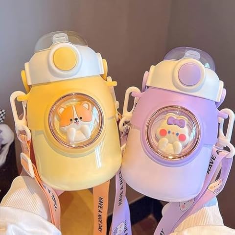 excvalues Kawaii Water Bottle with Straw,Travel Cute Water Bottles with Adjustable Strap Leak Proof BPA Free Wide Mouth Water Cup with Lid for Girls, School (Purple) Cover