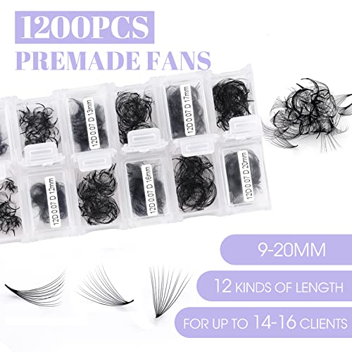 12D Premade Fans Eyelash Extensions 1200PCS Pre Made Fans Lashes 0.07mm C Curl Mixed Tray 9-20mm Handmade Loose Volume Lash Extension Premade Lash Fans (1200-12D-0.07-C-920) - Image 3