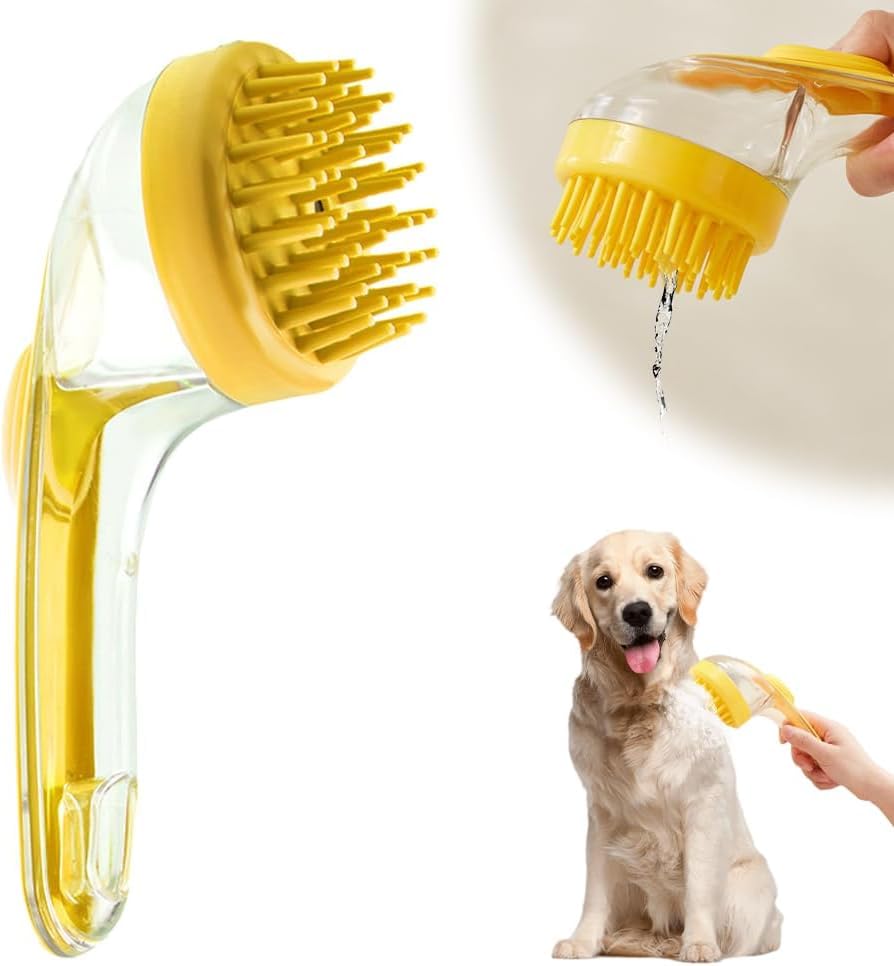Pet Bath Brush with Shampoo Dispenser, 2026 New Dog Bath Brush Soft Silicone Bristle for Bathing Pets Grooming Massage Brush (Green) (Yellow-B)