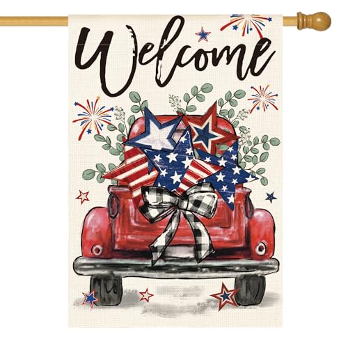 AVOIN colorlife Welcome Patriotic 4th of July Truck House Flag 28x40 Inch Double Sided, Rustic Farmhouse Yard Outdoor Decoration
