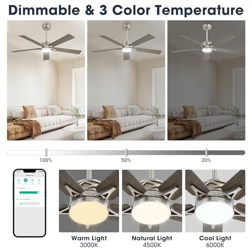 WINGBO 52 Smart Ceiling Fan with Lights, 5 Blades, Reversible DC Motor, Alexa & Google Assistant Compatible, Dimmable LED, Nickel & Grey