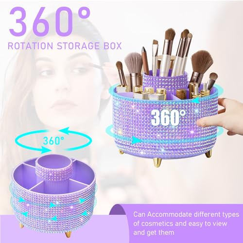 Image of Diesisa Bling Diamond 360 Makeup Brush Holder Organizer, Rotating Makeup Brush Organizer,5 Slot Make up Brushes Cup for Cosmetics, Vanity Desktop Organizer, Gift for Women Teen Girls- Diamond Purple