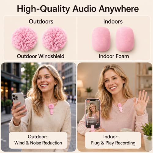 Image of Wireless Lavalier Microphone for iPhone Android, 2Pcs Pink Mic, Plug & Play