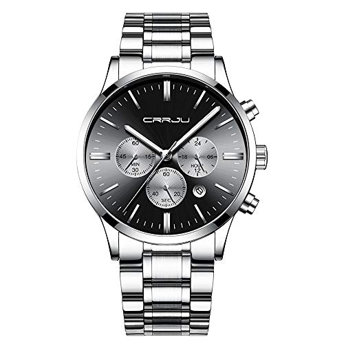 CRRJU Men's Six-pin Multifunctional Chronograph Wristwatches,Stainsteel Steel Band Waterproof Watch (Silver Black)