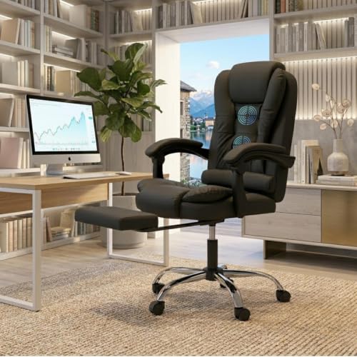 Image of Casa Copenhagen Italia Leatherette Office Chair for Work | Boss Chair, Ergonomic Executive, Luxurious Cushioned Arms & Seat, 2 Point Back Massager, Adjustable Leg Rest, Heavy Duty Metal Base (Black)