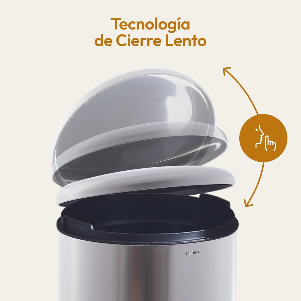 CASABEL Cubo de Basura Cocina 50L, 100% Acero Inoxidable, Resistente a Huellas, Papelera Redonda con Pedal y Tapa para Baño, Cocina, Oficina, Cromo