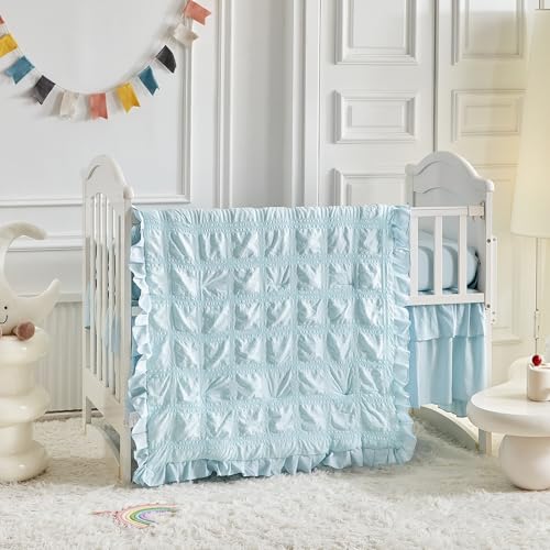 Image of Ruffled Crib Bedding Set Baby Boho Quilted Comforter with Fitted Sheet and Bed Skirt - Cute Soft Breathable Seersucker Ruffled Shabby Chic Bedding Soft Blanket Design - Blue