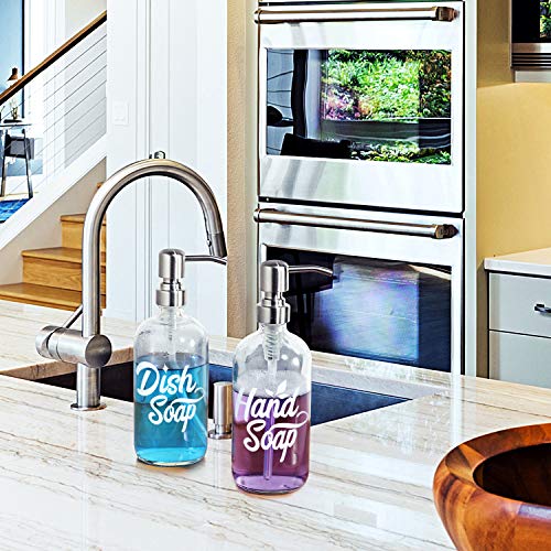 Dish and Hand Soap Dispenser Set - Glass Hand Soap + Dish Soap Dispenser for Kitchen, Bathroom - High Temperature Ceramic Ink Printing Never Falling Off - 16 oz Bottles with 304 Stainless Steel Pumps