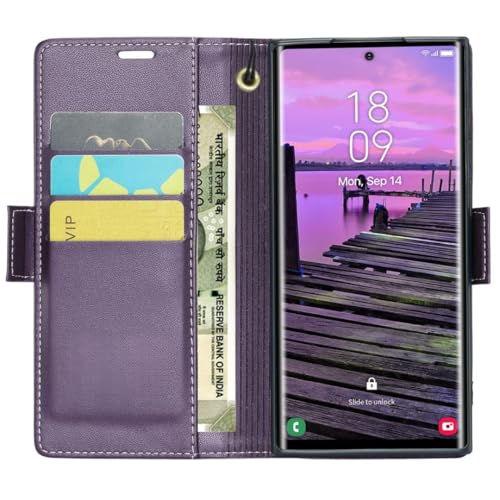 Image of Bracevor Deluxe Leather Flip Cover case for for Samsung Galaxy S25 Ultra : Purple | Full Camera Cover | RFID Blocking Wallet Pockets | 360 Degree Protection