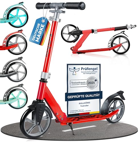 Rollkönig ® Scooter für Kinder ab 5 Jahren I Der Faltbare City-Scooter mit großen Rädern I Tret-Roller für Erwachsene mit bis zu 100kg Tragkraft (Rot)