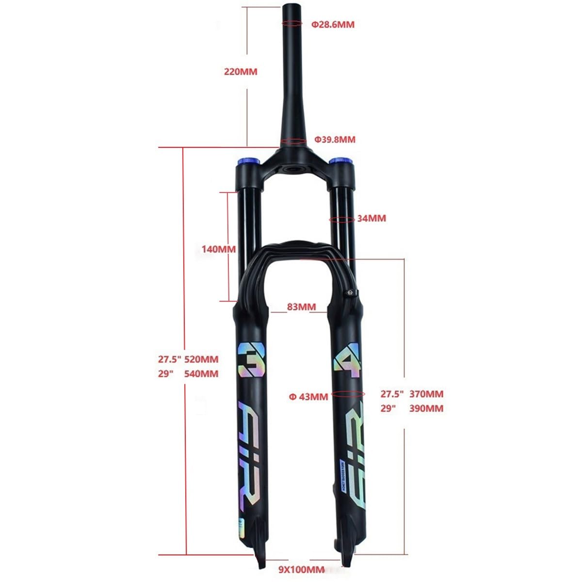 Horquilla de suspensión para Bicicleta de montaña de 27,5'' y 29'' con Aire, Horquilla Delantera de 140 mm de Recorrido, Eje cónico sin Rosca de 1 1/2 Pulgadas, Cierre rápido (QR),