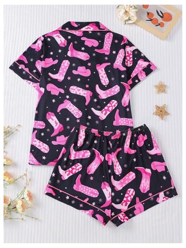 WDIRARA Women's 2 Piece Boots Graphic Pajama Set Pocket Patched Button Down Shirt with Shorts Satin Sleepwear2