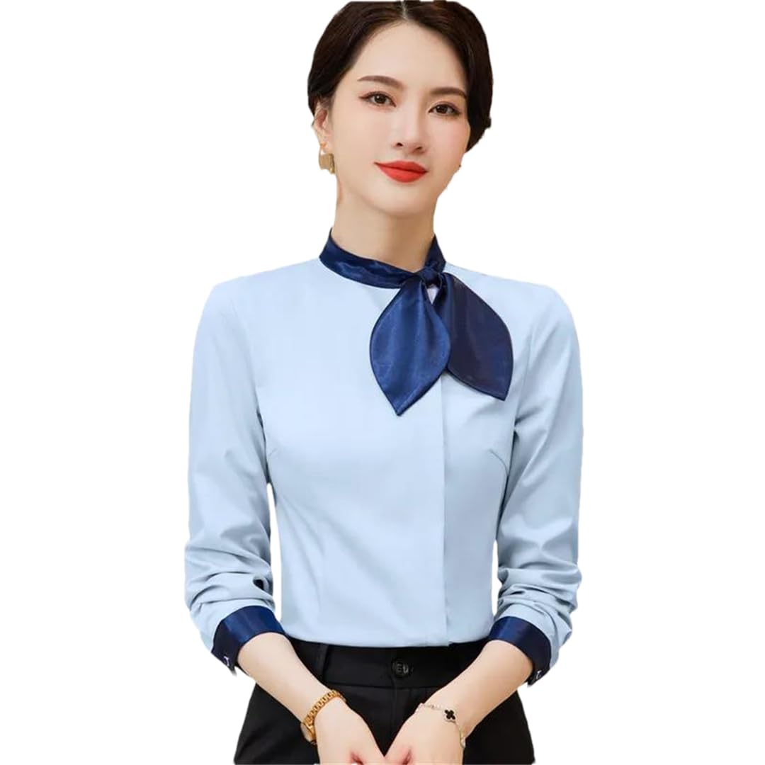 HEYDHSDC Camisa de manga larga para mujer, color azul, para oficina, negocios, formal, cuello de lazo, para trabajo