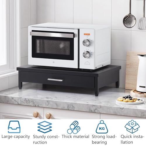 Image of Livzing Metal Microwave Oven Stand Drawer OTG Corner Shelf Tabletop Floor Standing Modern Oven Rack Storage Cabinet Multifunctional Dish Racks Toaster Organizer Powder Coated Finish Utility - Black