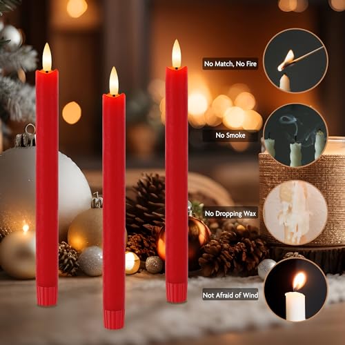 Image of Red Flameless Taper Candles 9.6 inch Christmas LED Candles Real Wax with Remote Timer, Battery Operated LED Candles Set with 3D Flickering Flame, Classic Flickering Candlesticks for Home, Party, 6 Pack