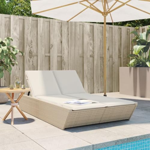 IKAYAA Cama Exterior Jardin, Cama Balinesa, Tumbona Doble de Ratán Regulable y Respaldo Reclinable, Cama Jardin, Sofá Cama Doble para Jardín, Patio, Beige y Crema