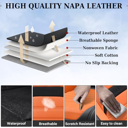 Image of Coverado Waterproof Nappa Leather Car Seat Covers, Automotive Seat Covers,Front Car Seat Cushion & Car Seat Protector, Seat Covers Universal Fit for Most Cars, SUVs,Trucks,Black&Orange