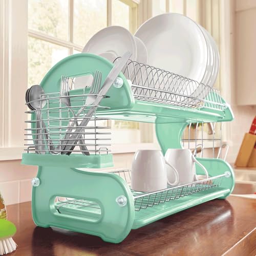 Montgomery Ward Retro 2-Tier Dish Rack, Space-Saving Design, Durable Plastic and Chrome-Plated Wire, Easy Assembly (Mint)