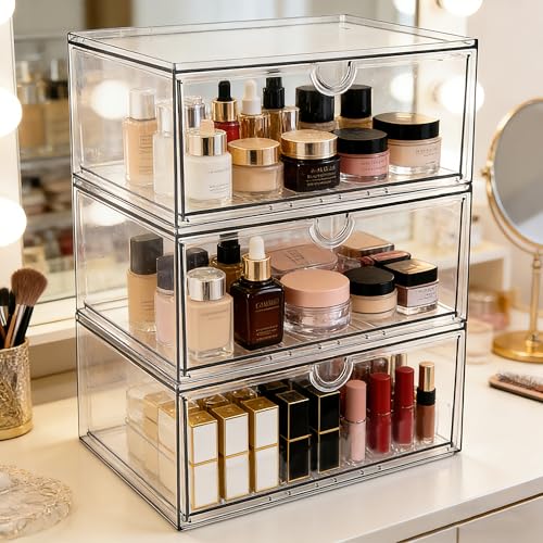 Image of Prsildan Acrylic Makeup Organizer, 3 Pack Stackable Clear Storage Drawers for Baby Bottles Desk Organizers with 3 Drawers for Countertop Vanity Nursery Modular System for Cosmetics Jewelry