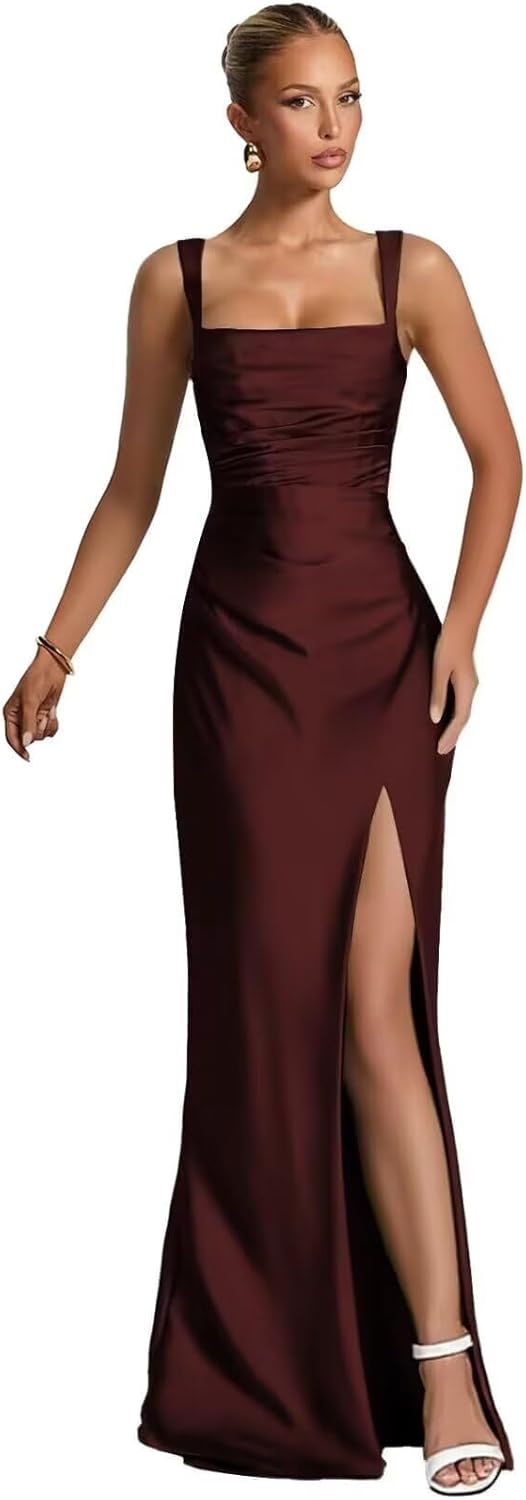 Mermaid Bridesmaid Dresses with Slit Satin Prom Dress Spaghetti Strap Square Long Evening Party Gown for Women