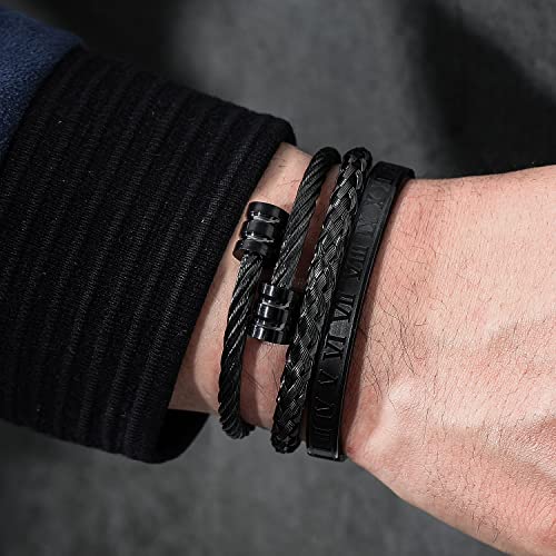 Wfyou BT095-B 3Pcs Stainless Steel Bracelets For Men Gold Roman Numeral Bangle Bracelet Twisted Cable Bracelet Adjustable Cuff Bracelet Mens Luxury Jewelry Bracelets Gifts thumb #2