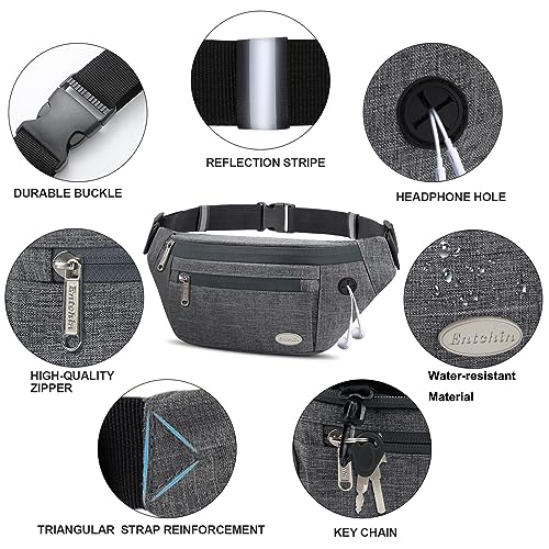Entchin Fanny Pack for Women Men with 4-Zipper Pockets, premium fashion Waist Pack Crossbody Bum Bags for Hiking, Running, Travel, Cycling and Casual(Medium Grey) - Thumbnail 4