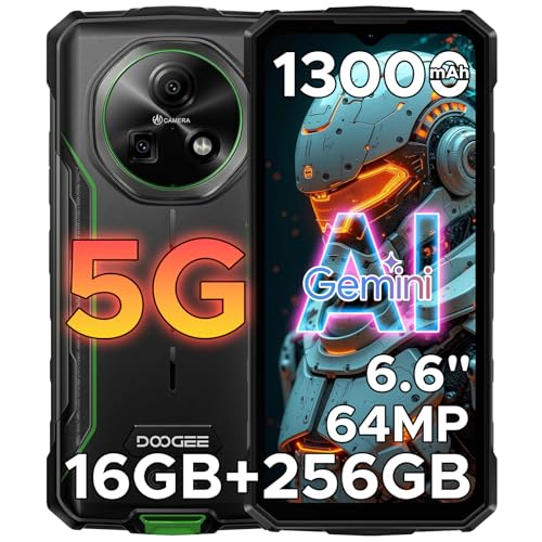 DOOGEE Fire 7 5G Movil Resistente, 16GB+256GB/2TB 13000mAh Gemini AI Móvil Rugerizado Andriod 15, 6.6'' HD+ 90Hz Telefono Movil Indestructible, NFC/64MP/OTG/Huella&Face ID/Dual SIM 5G/GPS Smartphone