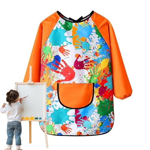 Delantales de pintura para niños, impermeables, delantales de arte para niños, delantal de diseño para pintar, escribir, jugar en el agua, cocinar, manualidades, Manga naranja L (tamaño pequeño 80 x