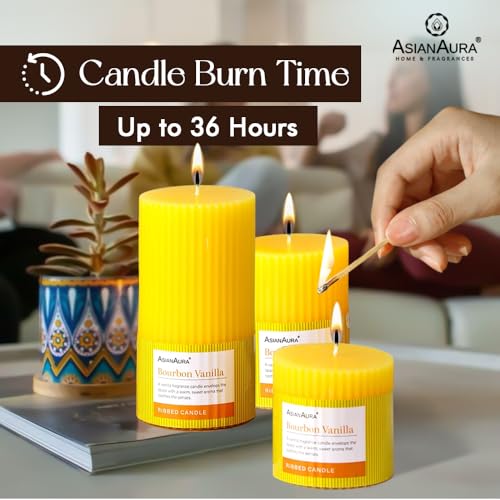 Image of ASIAN AURA Ribbed Pillar Candles - Pack of 3 | Scented Candles for Home Decor, Gifting & Festive Use | Long Burn time up to 36hrs | Clean-Burning Wax & Smokeless Flame (Bourbon Vanilla)