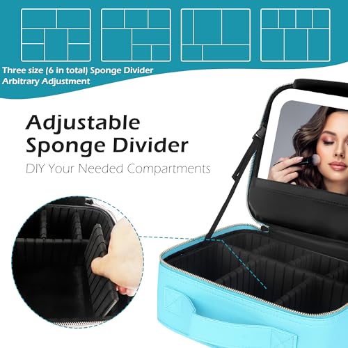 Image of MOMIRA Travel Makeup Bag Cosmetic Bag with Lighted Mirror, Adjustable Brightness in 3 Color Scenarios, Waterproof, 10x Magnifying Mirror, Rotatable Independent Light Mirror- Diamond Blue(Solid)