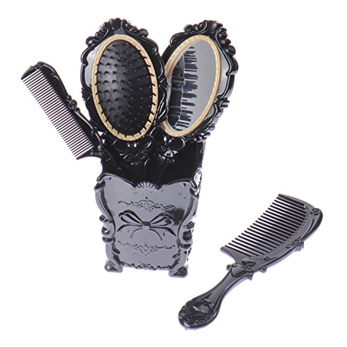 MARIAHANAN 5pcs/set Retro Royal Women Dressing Table Mirror Combs Flroal Paddle Massage Comb Hairdressing Salon Hair Brush Set with Shelf Holder (Black)