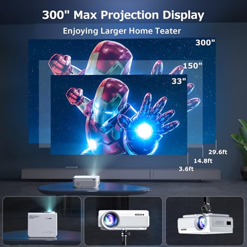 Image of FUDONI Native 1080P WiFi Bluetooth Projector, Full HD Portable Outdoor Movie Projector, Built-in Speaker, Max 300 inch Screen, for Smartphone (Pure White)