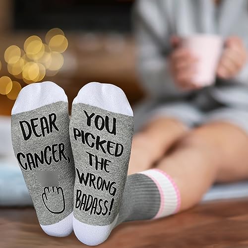 Image of Ziyouza You Picked The Wrong Badass, Cancer Socks, Women Men Gift for Cancer Surgery Recovery, Breast Cancer Survivor Gift, Chemo Gift, Novelty Gift for Thanksgiving Christmas Birthday, 1 Pair-06
