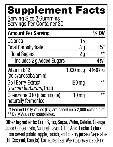 Image of OLLY Extra Strength Daily Energy Gummy, Caffeine Free, 1000mcg Vitamin B12, CoQ10, Goji Berry, Adult Chewable Supplement, Berry Yuzu Flavor - 60 Count