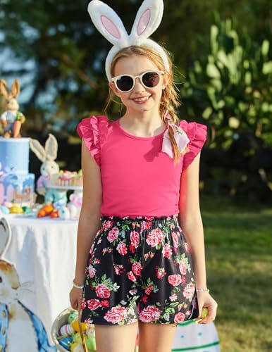 Image of Arshiner Girls 2 Piece Outfits Summer Clothes Ruffle Short Sleeve Shirts Top and High Waist Paper Bag Shorts Set with Pockets
