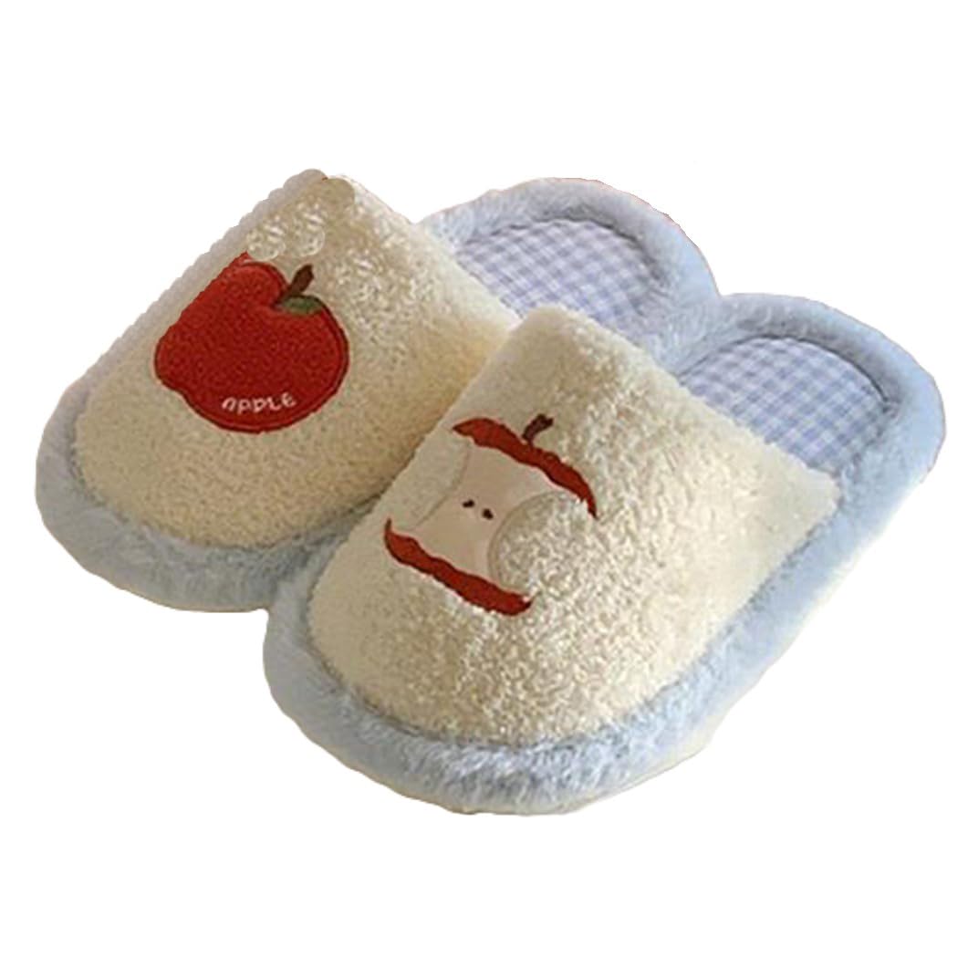ZNEL Apple Print Pattern Slippers for Women Fuzzy Plush Cotton Comfortable Indoor/Outdoor House Slides Warm Fluffy Home Shoes Antiskid(38/39 EU, Blue)