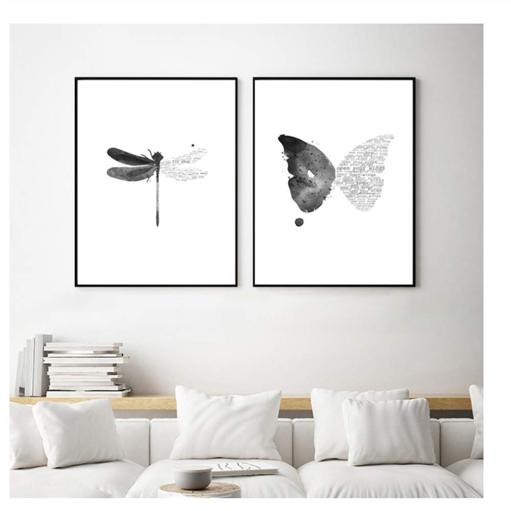 Cuadro en Lienzo Estilo nórdico Arte de la Pared Cartel de la Mariposa libélula Marco Blanco y Negro Decoraciones Imagen para la Sala 60x90cm (23.6 "x35.4) x2 con Marco