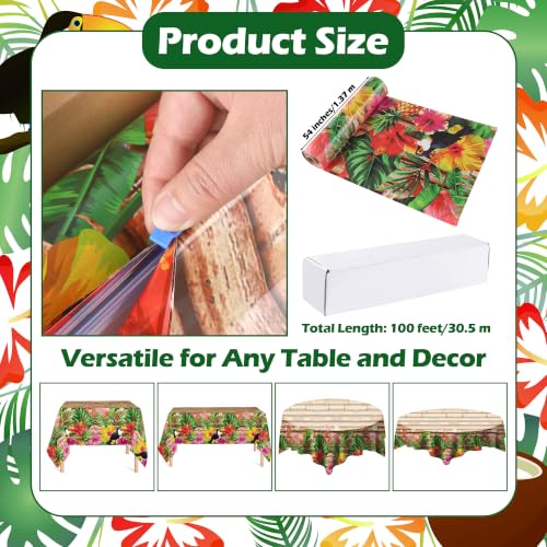 Image of Kochorie 100 Ft X 54 Inch Hawaiian Luau Party Tablecloth Roll with Cutter Box, Disposable Plastic Hawaii Tiki Totem Table Cover, Aloha Tropical Floral Table Decorations for Summer Beach Pool Birthday