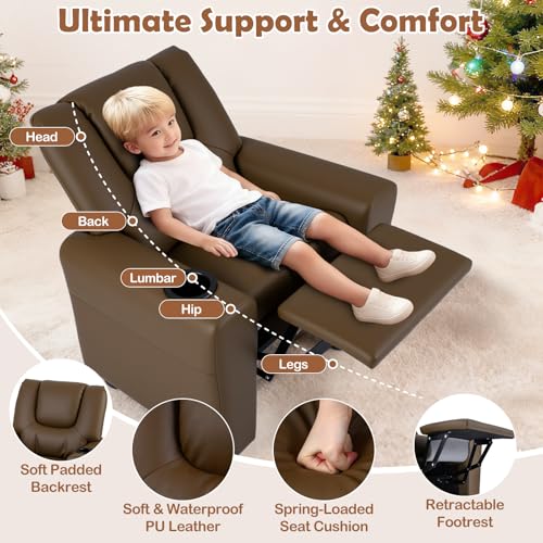 Image of Kids Recliner, Toddler Lounge Chair w /Cup Holder, Wide Armrest, Kids Sofa w /Adjustable Footrest, Comfy Toddler Recliner Chair for for Boys & Girls 3 + (PU, Brown)