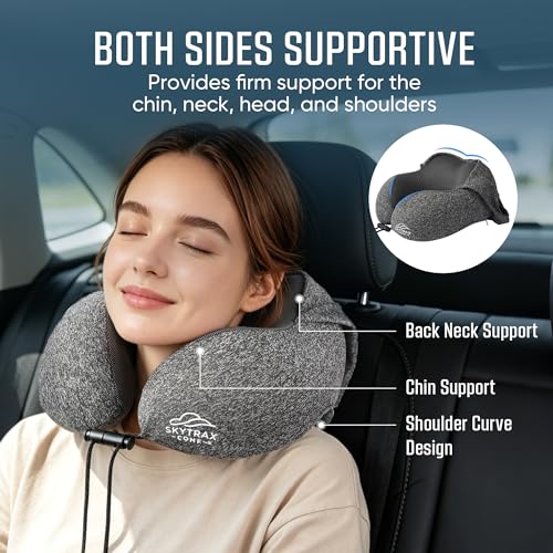Image of SkytraxComf Travel Neck Pillow with Hood for Privacy on Long Flights | Memory Foam | Airplane Sleep | Safety-Tested Materials | Extra Large Hood | Chin Support | Earplugs | Washable Cover
