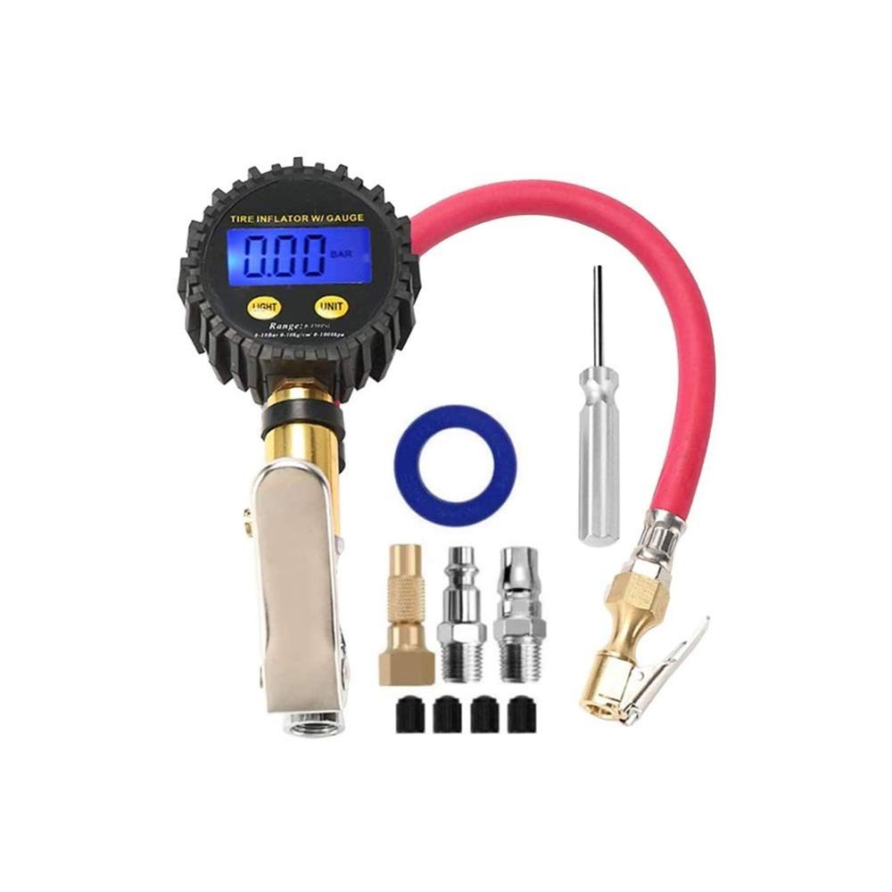 AGAATI Inflador de neumáticos Digital con manómetro, portabrocas de Aire de 200 PSI y Accesorios para compresores de Alta Resistencia con Manguera de Goma y acoplador de conexión rápida