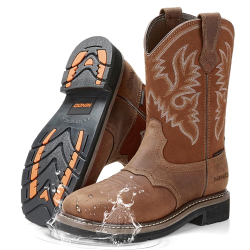 HISEA NINGO Soft Toe Cowboy Work Boots for Men, Waterproof Slip on Square Toe Western Boots, Comfortable Pull on Safety Work Shoes for Construction Industrial Working Welding Riding, Brown