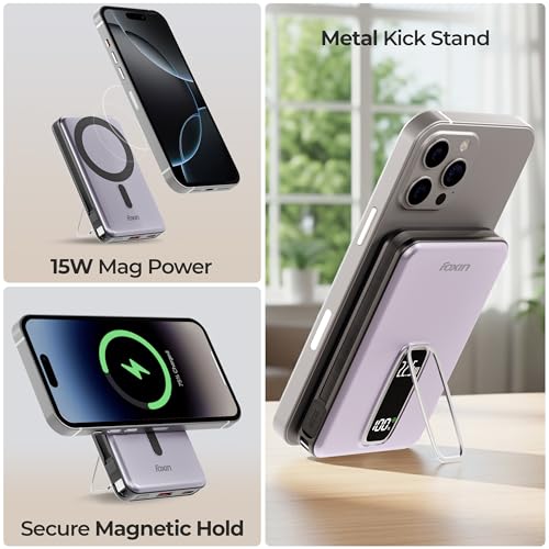Image of Foxin Mag One Wireless 10000mAh Fast Charging Power Bank with Metal Stand | USB Type C Input & Output, 22.5W Portable Charger for iPhone 12 & Above, Android & Qi Enabled Devices | Meteor Grey