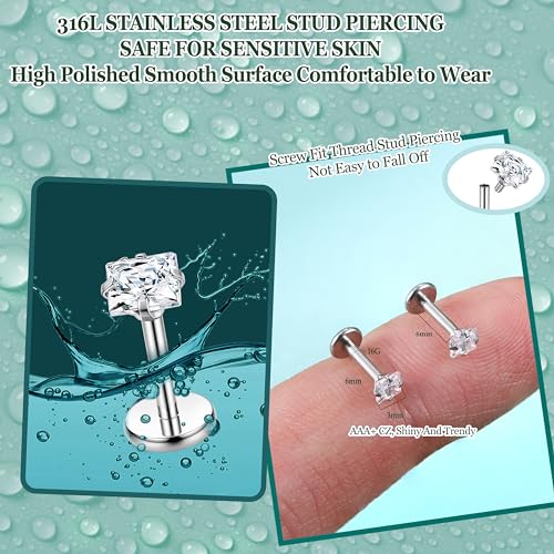 FIBO STEEL 316L Stainless Steel 2Pcs 16G 3mm CZ Inlaid Lip Rings Labret Monroe Nose Studs Helix Earring Piercing, 6mm Bar Length Square